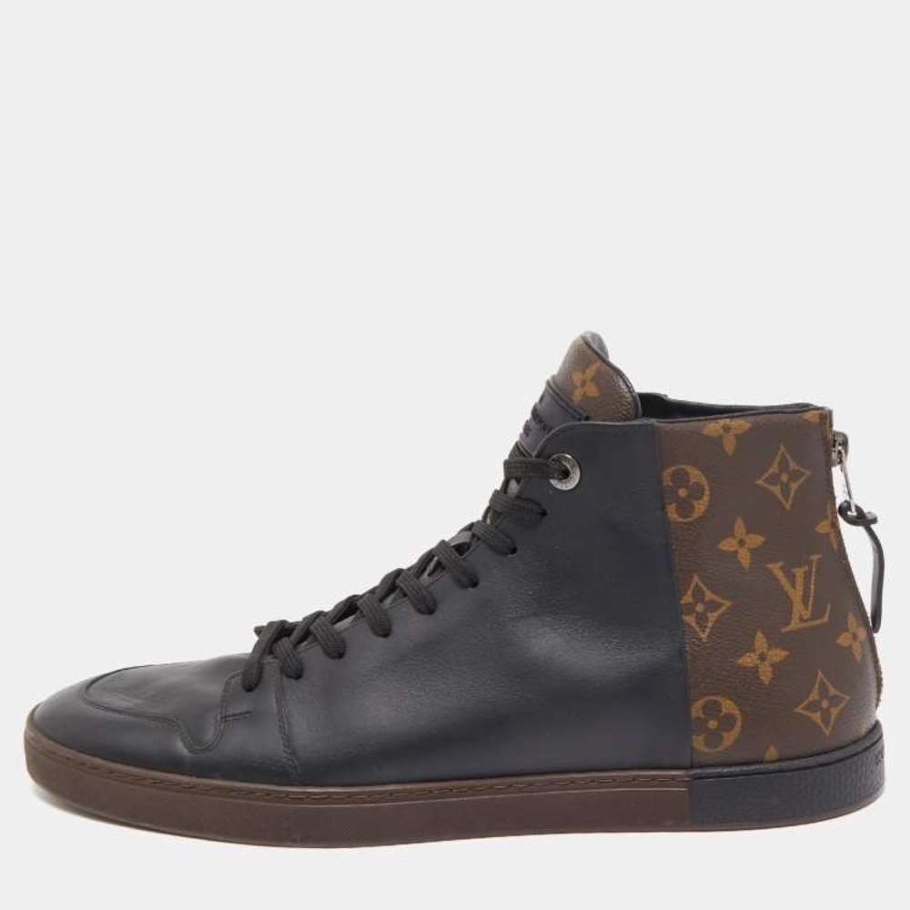 Louis Vuitton Black/Brown Leather and Monogram Canvas Line Up High Top Size 11